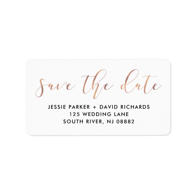 Delicate Love Rose Gold Calligraphy Save the Date Label (Front)