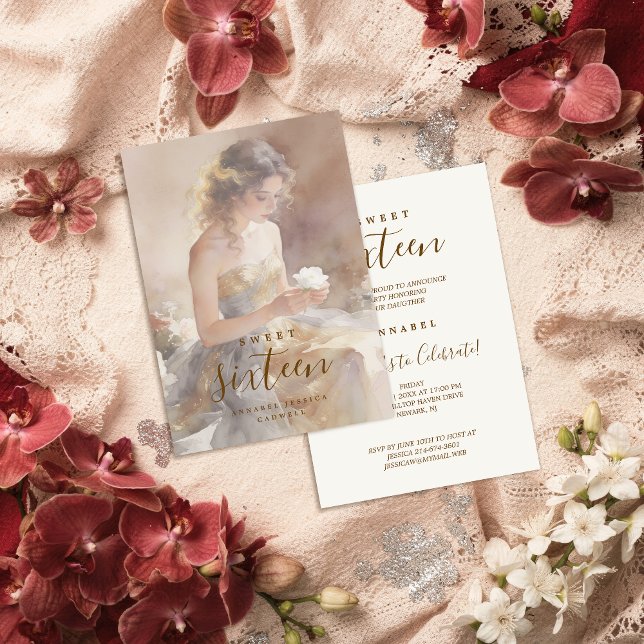 Delicate & Lovely Floral Sweet Sixteen Birthday  Invitation (Delicate Pastel Watercolor Young Woman in Golden and Gray Strapless Dress Design.)