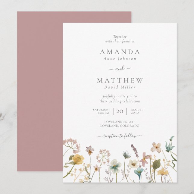 Delicate Mauve Watercolor Pressed Flowers Wedding Invitation (Front/Back)