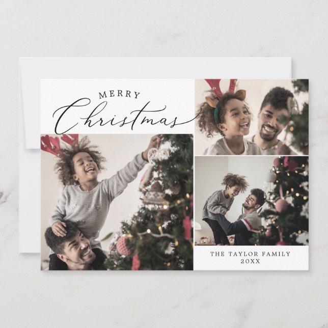 Delicate Merry Christmas 4 Photo Family Newsletter Holiday Card (Front)