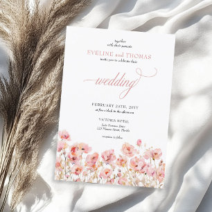 Delicate minimalist boho summer pink wildflowers invitation
