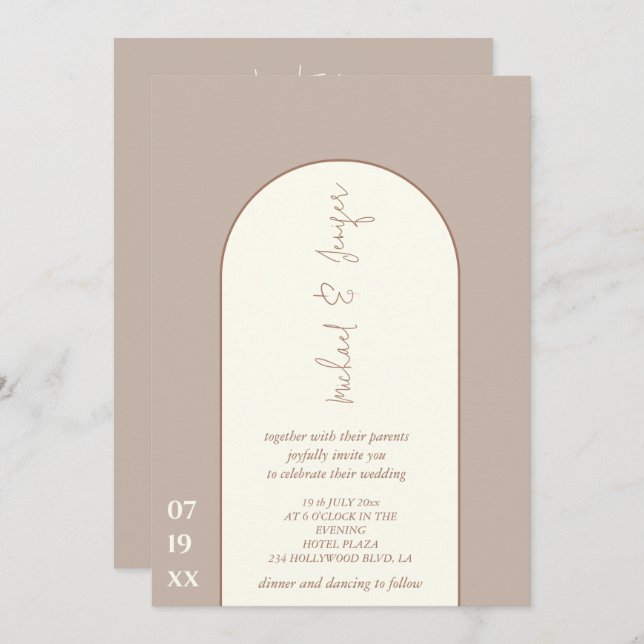 Delicate minimalist neutral arch all in one invitation (Front/Back)