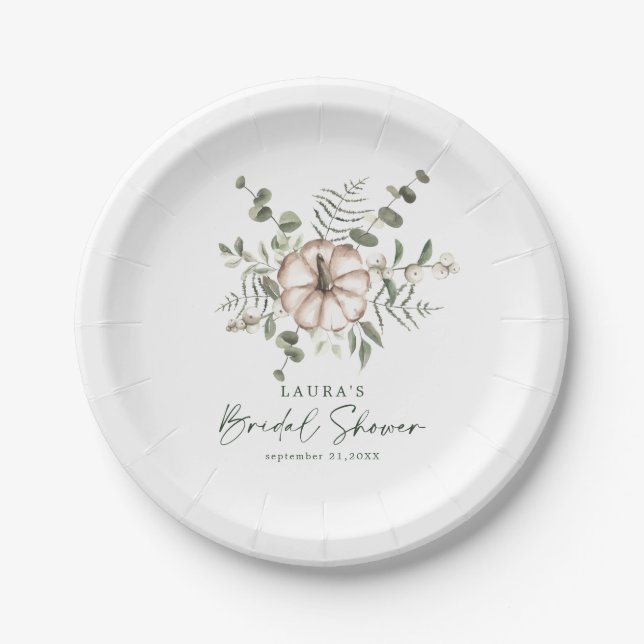 Delicate Minimalist Rustic Pumpkin Bridal Shower Paper Plate (Front)