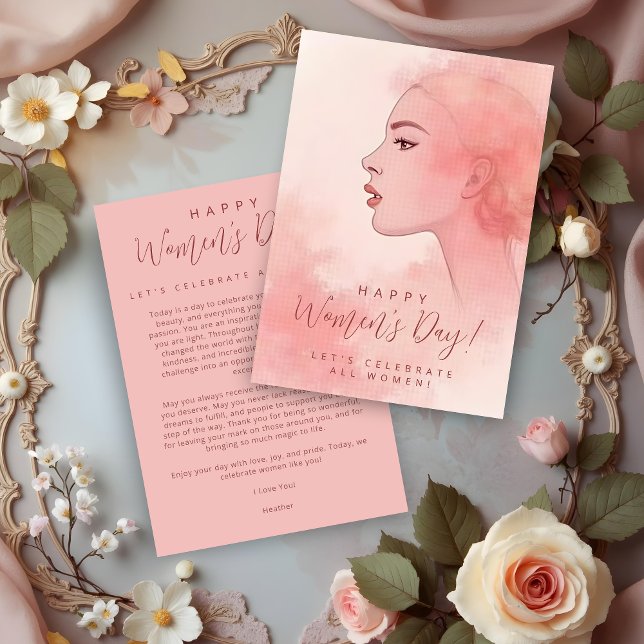 Delicate Minimalist Woman in Pink Shades Holiday Card (Delicate Minimalist Woman in Pink Shades Greeting Cards for Women's Day. )