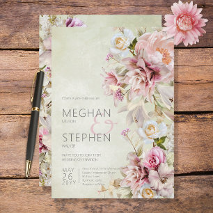 Delicate Modern Pink Blush Rose & Lily Green Invitation