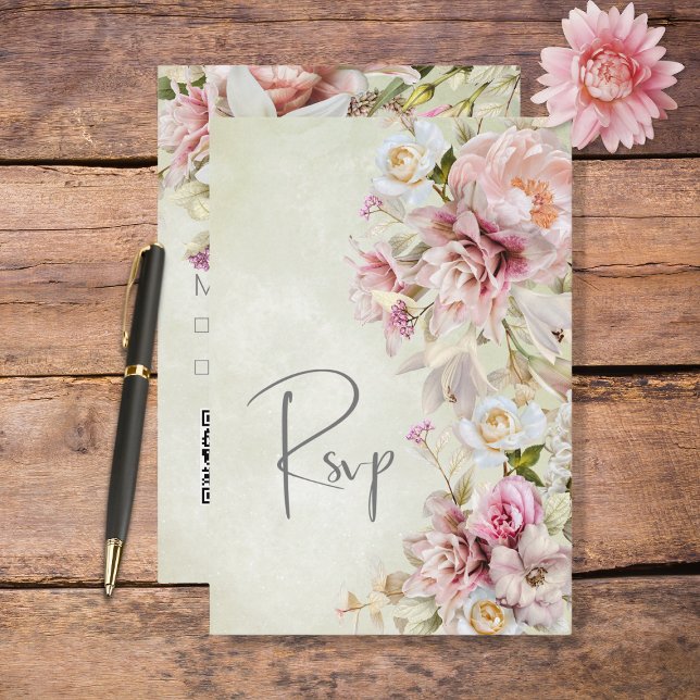 Delicate Modern Pink Blush Rose & Lily Green RSVP Card (Creator Uploaded)