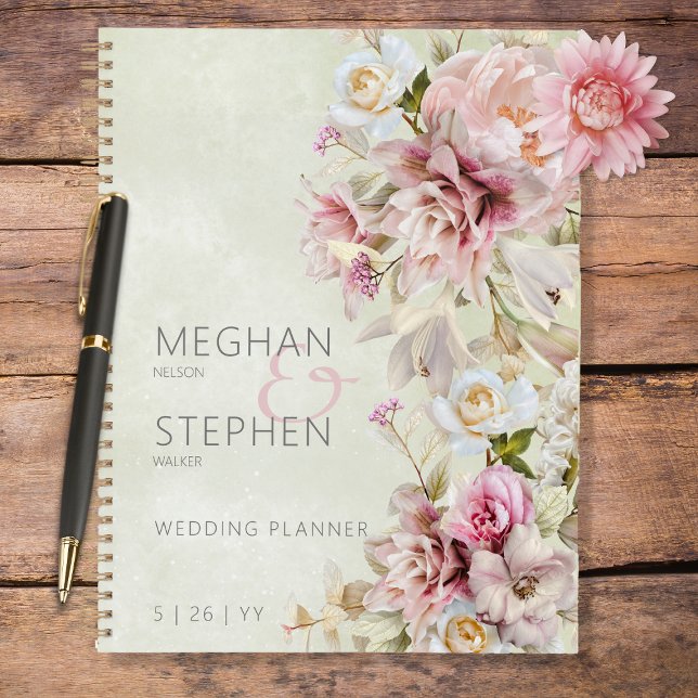 Delicate Modern Pink Blush Rose Lily Green Wedding Planner (Creator Uploaded)