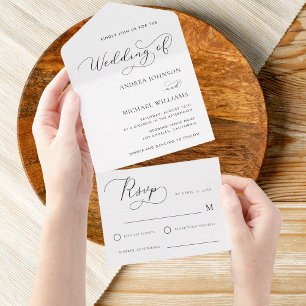 Delicate Modern Script Minimalist White Wedding All In One Invitation