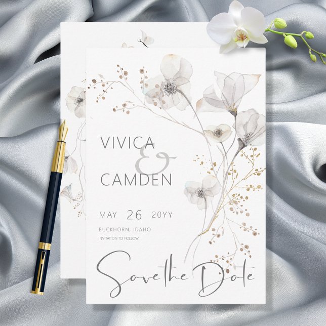 Delicate Modern White Grey & Gold Floral Wedding Save The Date (Creator Uploaded)