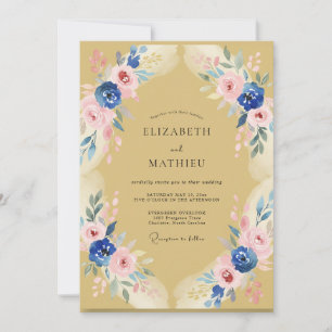 Delicate Mustard Indigo Peony Wedding Invitation