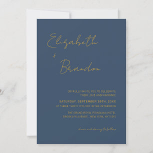 Delicate Navy Blue Gold QR Code RSVP Wedding Photo Invitation