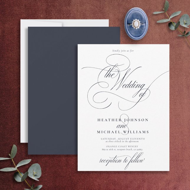 Delicate Navy Blue Modern Calligraphy Classic Invitation (Creator Uploaded)
