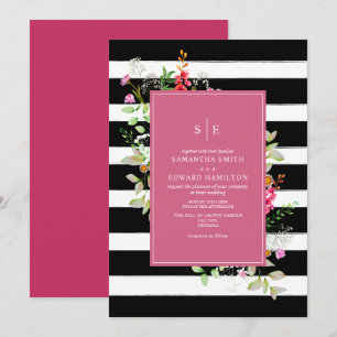 Delicate Neon Wildflower Stripe Hot Pink Wedding Invitation