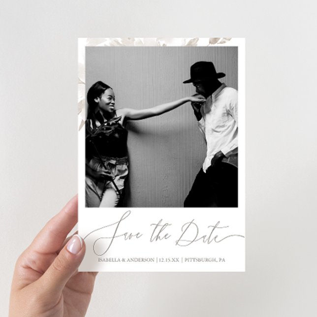 Delicate Neutral Floral Calligraphy Photo Save The Date (Creator Uploaded)