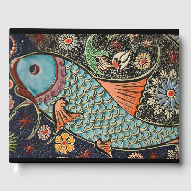 Delicate Ocean Mosaic Coastal Koi Fish Guest Book (Front)