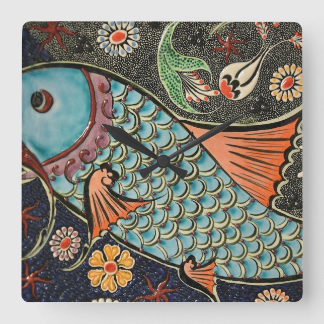 Delicate Ocean Mosaic Coastal Koi Fish Square Wall Clock (Front)