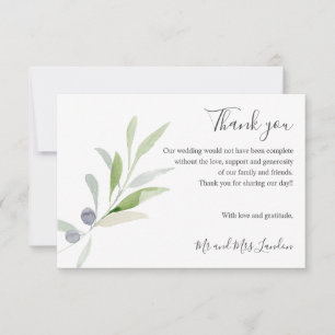 Delicate Olive and leaves green Wedding thank you Card
