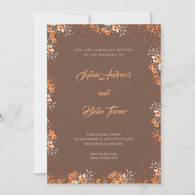 Delicate Orange Flowers Pretty Brown Wedding Invitation (Front)