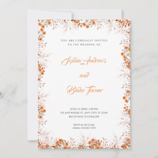 Delicate Orange Flowers Pretty White Wedding Invitation (Front)