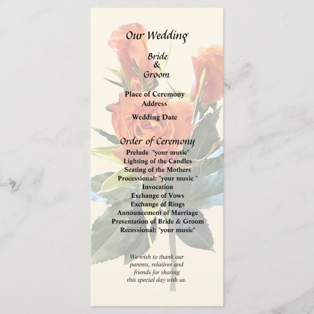 Delicate Orange Rosebuds Wedding Program Programme (Front)