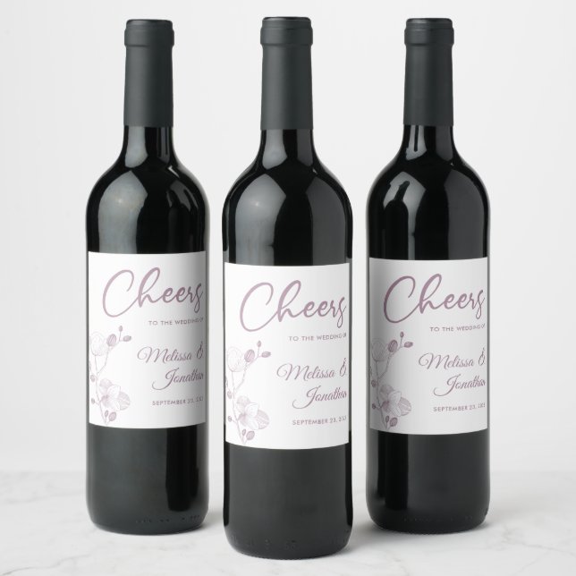 Delicate orchid cheers to wedding purple custom wine label (Bottles)