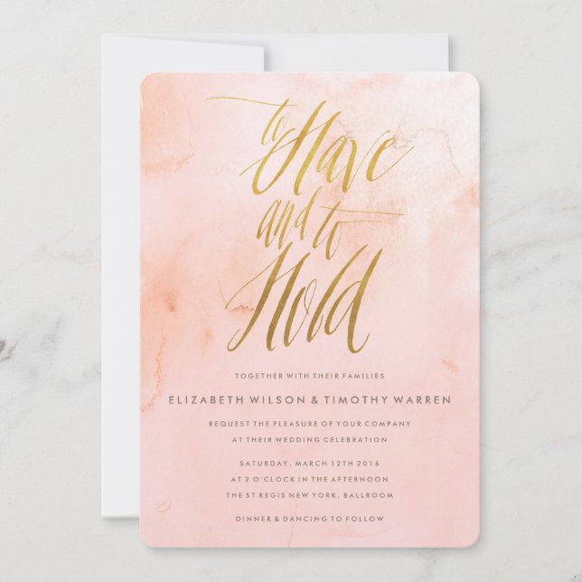 Delicate Paint Blush and Gold Wedding Invitation (Front)