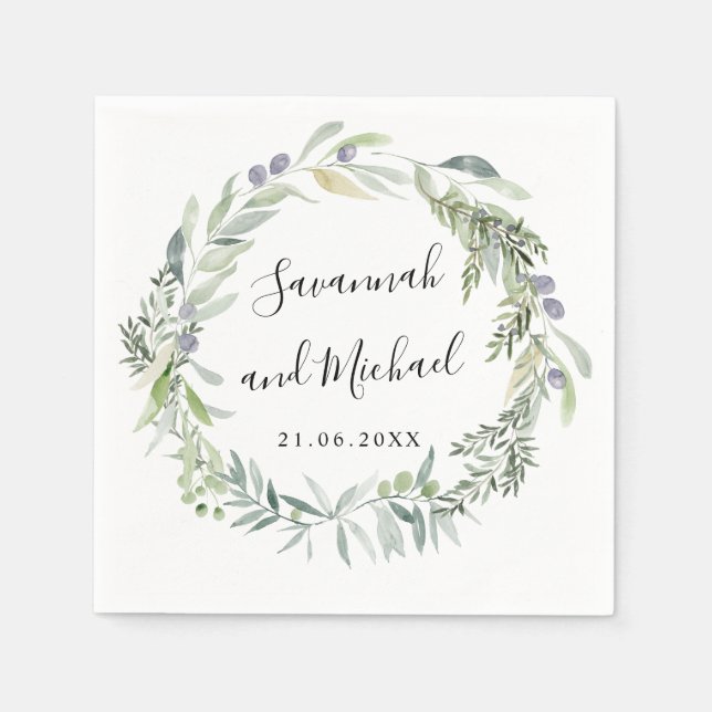 Delicate painted olive and leaves wedding monogram napkin (Front)