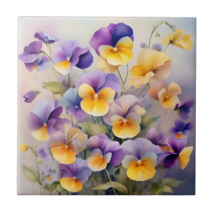 Delicate Pansy Flowers in Soft Watercolor Tile