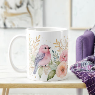 Delicate Pastel Birds and Glitter Floral Coffee Mug