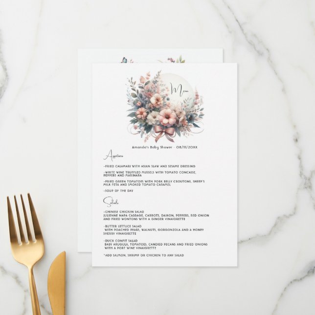 Delicate Pastel Blooms Bow Floral Baby Shower Menu (Front/Back In Situ)
