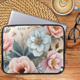 Delicate Pastel Floral Monogrm Laptop Sleeve