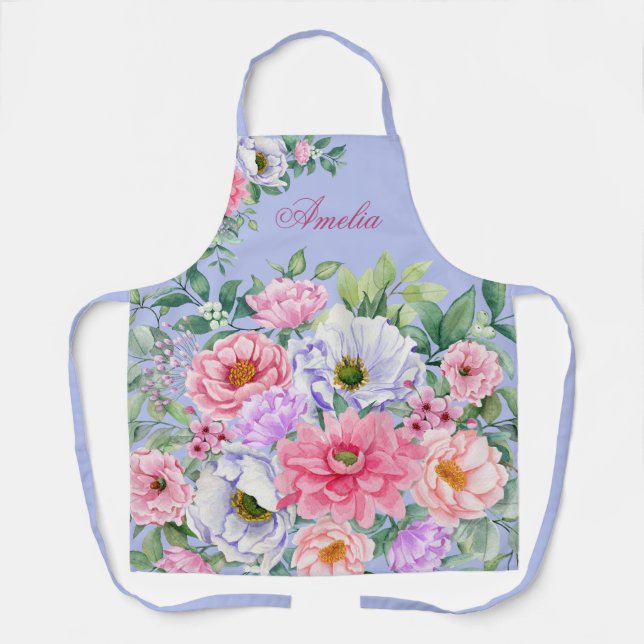 Delicate Pastel Watercolor Summer Florals Apron (Front)