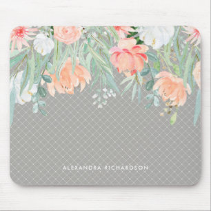 Delicate Peach and Sage Green Watercolor Floral Mouse Mat