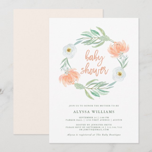 Delicate Peach Floral and Eucalyptus | Baby Shower Invitation (Front/Back)