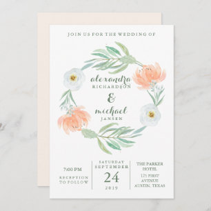 Delicate Peach Floral and Eucalyptus   Wedding Invitation