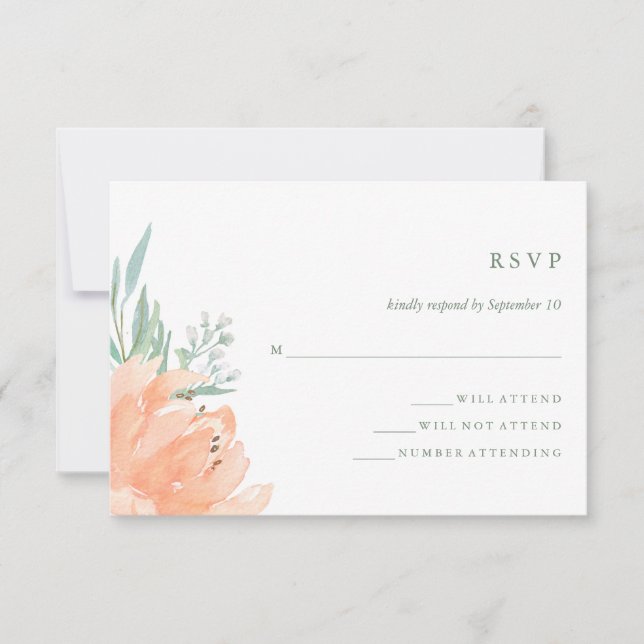 Delicate Peach Floral and Eucalyptus Wedding RSVP Card (Front)