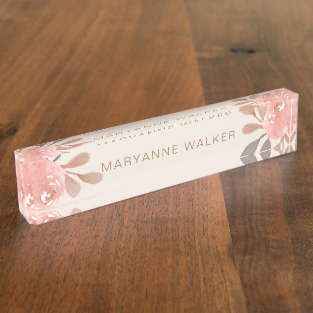 Delicate Peach Floral Monogram Desk Nameplate (Side)