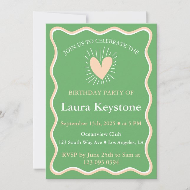 Delicate Peach, Mint Green & White Retro Wavy Invitation (Front)