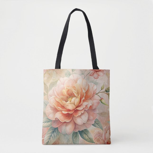 Delicate Peach Tone Floral Watercolor  Tote Bag (Front)