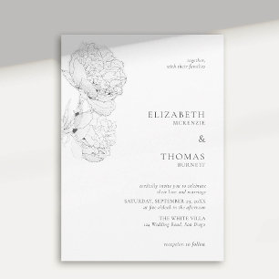Delicate Peonies Ink Black White Elegant Wedding Invitation