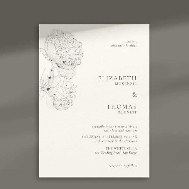 Delicate Peonies Ink Pearl White Elegant Wedding Invitation (peony wedding invitation large blooms ink sketch pearl white formal elegant modern classic)