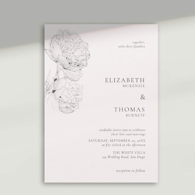 Delicate Peonies Ink Soft Pink Elegant Wedding Invitation (peony wedding invitation large blooms ink sketch blush pink formal elegant modern classic)