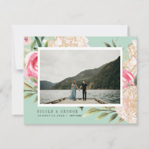 Delicate Peony gold flowers photo save the date Announcement