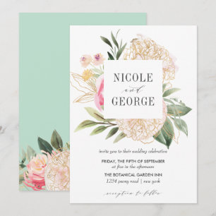 Delicate Peony Gold Typography Watercolor wedding Invitation