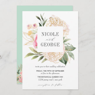 Delicate Peony Gold Typography Watercolor wedding Invitation