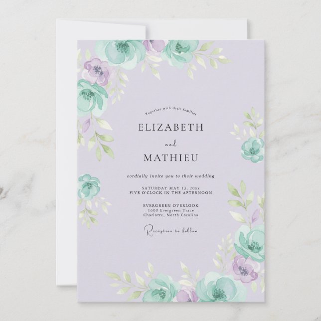 Delicate Periwinkle Mint Peony Wedding Invitation (Front)