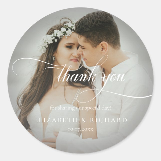 Delicate Photo Script Thank You Wedding Classic Round Sticker (Front)