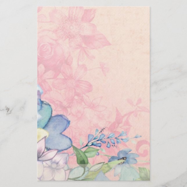 Delicate Pink and Blue Floral Wildflowers Stationery (Front)