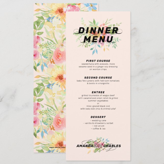 Delicate pink and yellow flowers bouquet & pattern invitation (Front/Back)