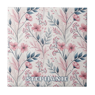 Delicate Pink Blossoms with Muted Blue Foliage Tile